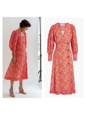 Ganni Orange-Red Floral Button Wrap Midi Dress